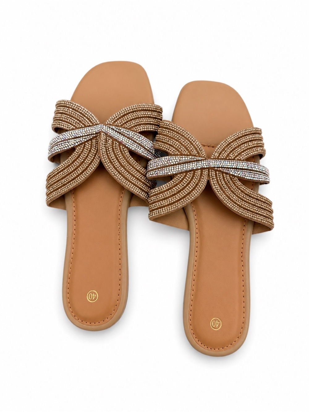 Embellished Tan Slip-On Sandals